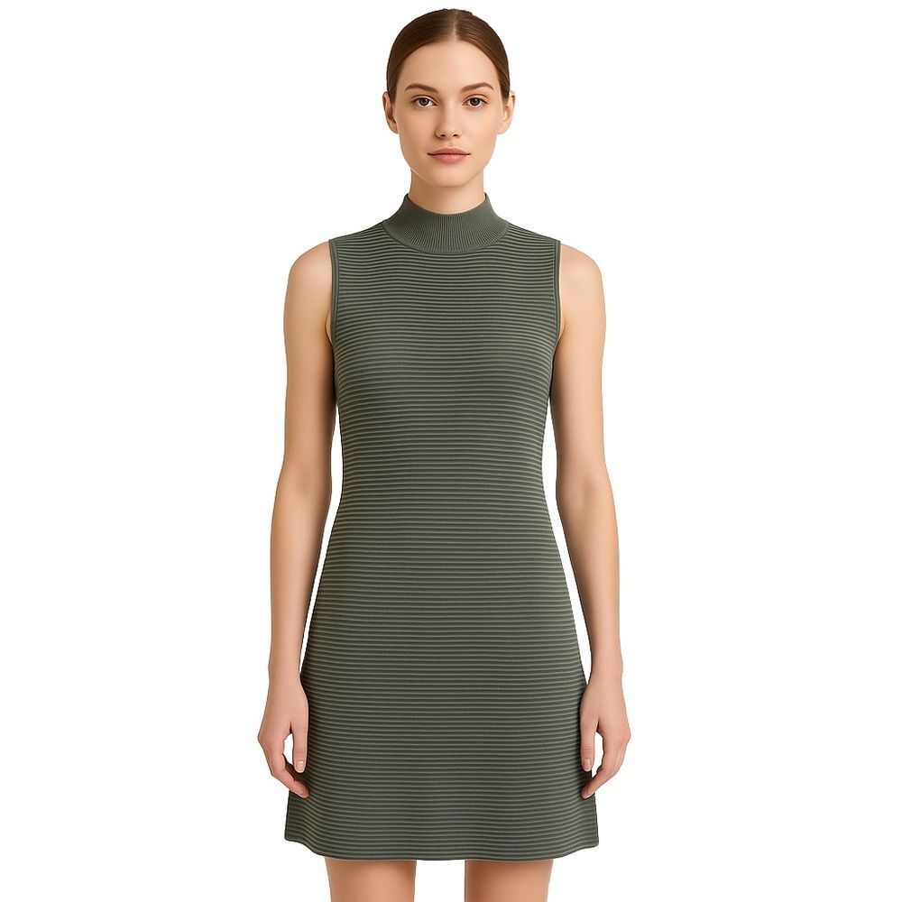 Topshop Green Ribbed High Neck Modern Minimalist Sleeveless Dress Womens 8 - Picture 1 of 13